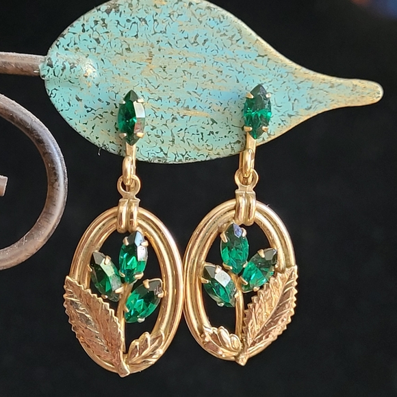 Vintage JMS 12k Gold Green Rhinestone Earrings - Picture 1 of 4